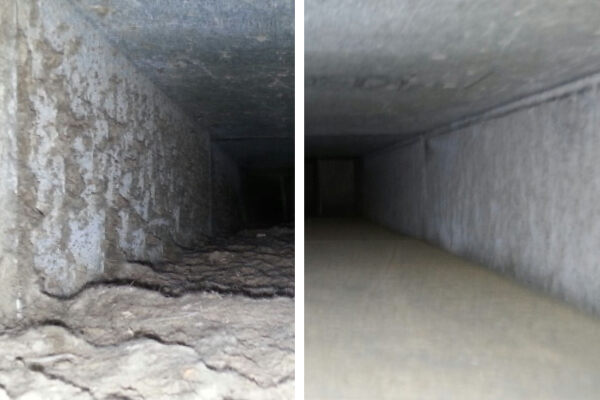 Before image of dirty air ducts next to after image of clean air ducts
